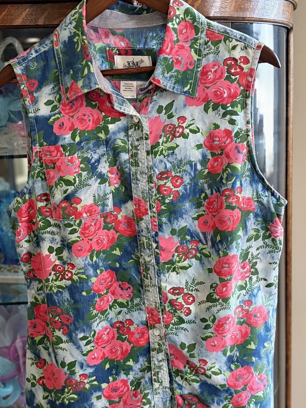 Live a Little Sleeveless Button-Down Top - Pink Floral on Blue